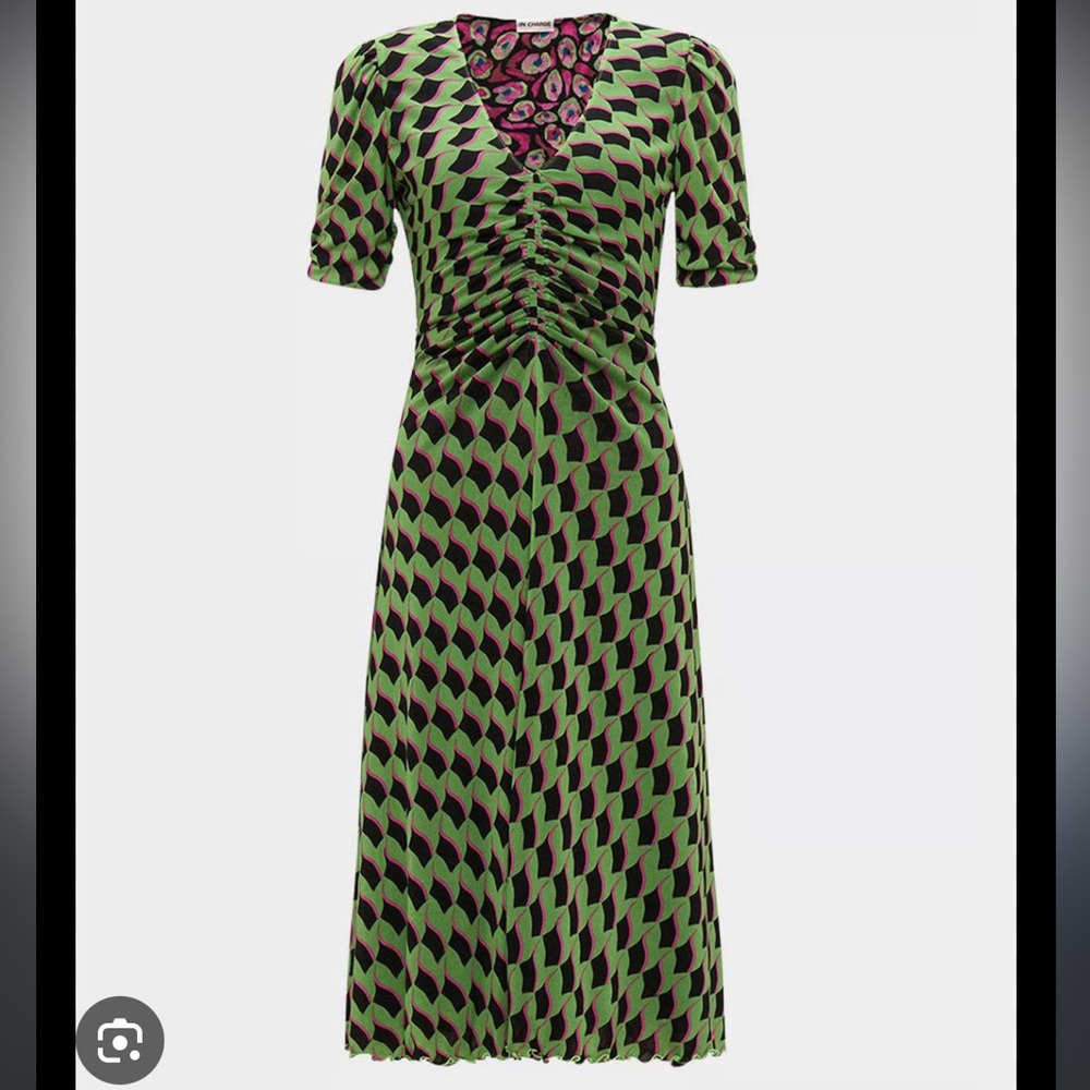 DVF Koren Reversible Dress in Bird Weave Green/Leopard Soirée - Picture 3 of 15
